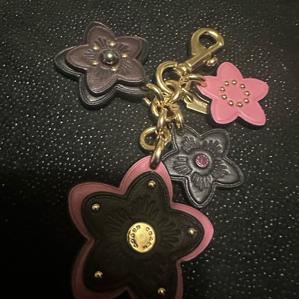 Coach Black and Pink Floral Keychain with Gold Hardware